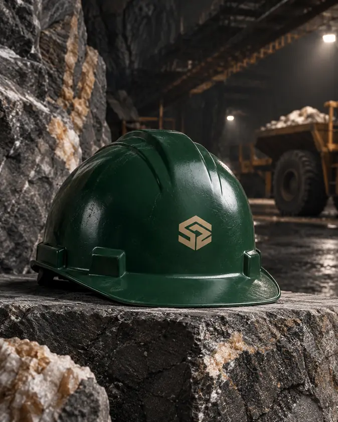 Green SZ Mining hard hat resting on a rock ledge inside a mine